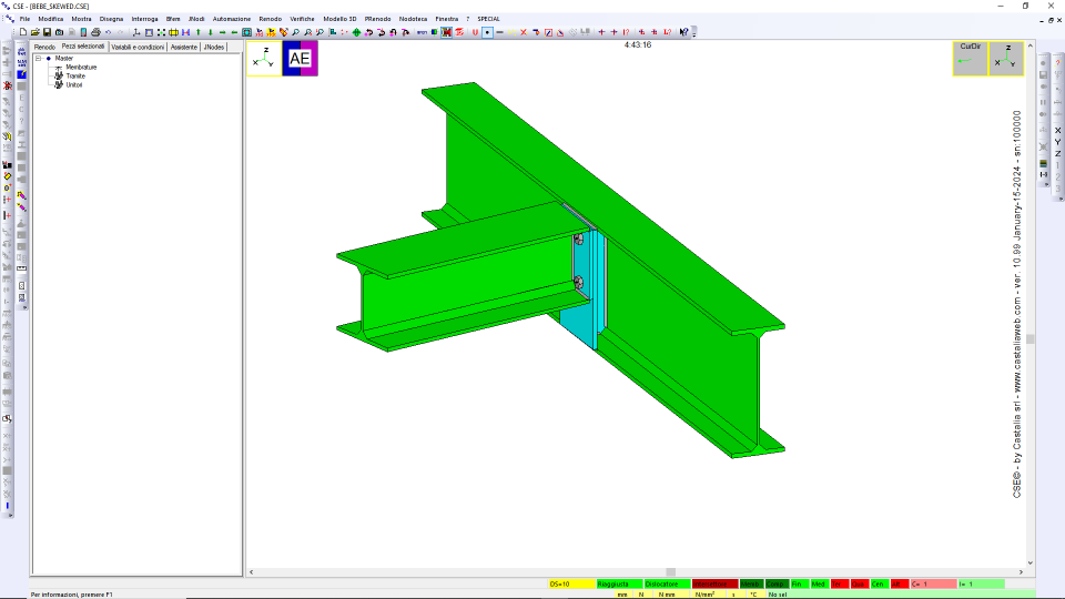 Trave-trave con end plate irrigidito secondaria HSM, angolo diverso da 90° (caso master passante). BE3