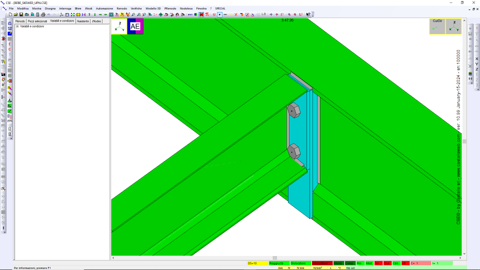 Trave-trave con end plate irrigidito secondaria UPN, angolo diverso da 90° (caso master passante). BE3